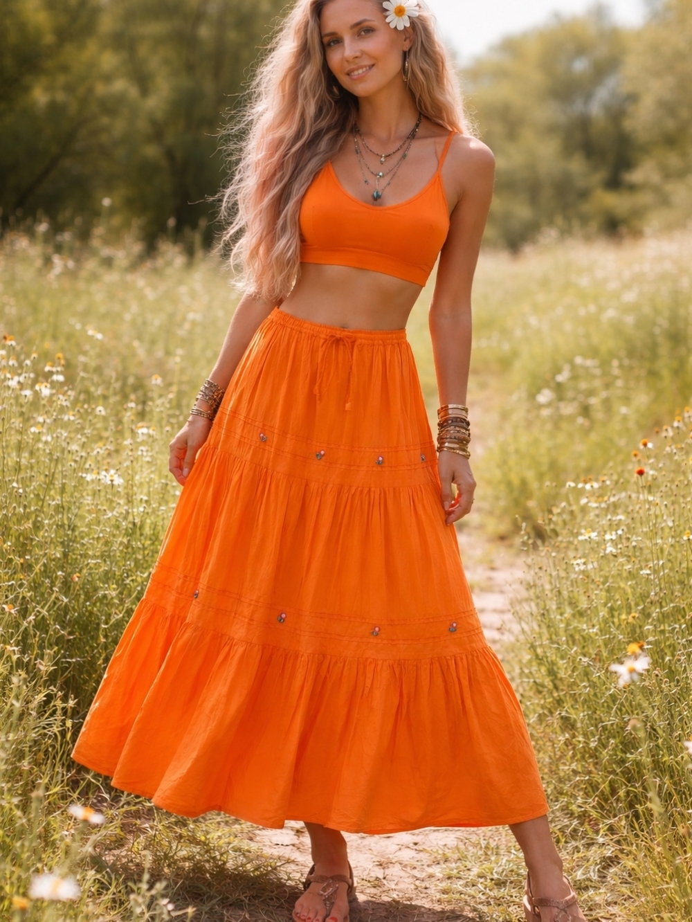 MAGIC MOUNTAIN🌄SunsetOrange Tiered Maxi Skirt 100%COTTON Jingly Bells&Mirrors M